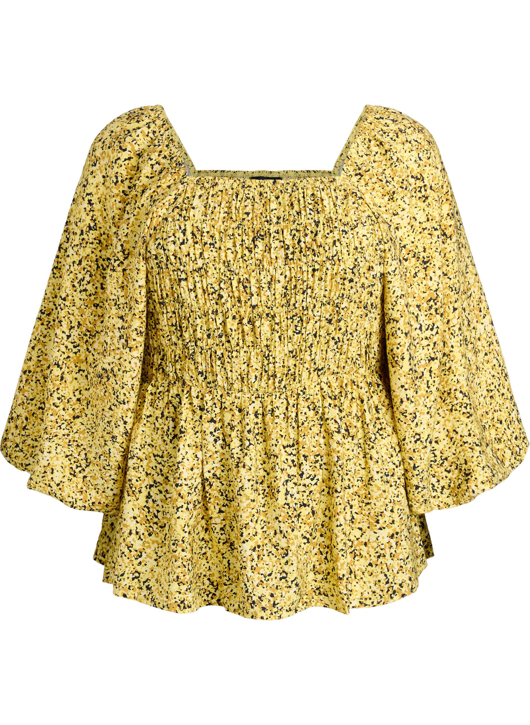 Blus med smock och fyrkantig ringning