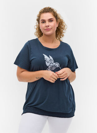 T-shirt i ekologisk bomull med smock, NavyBlazer Acid Bird, Model image number 0