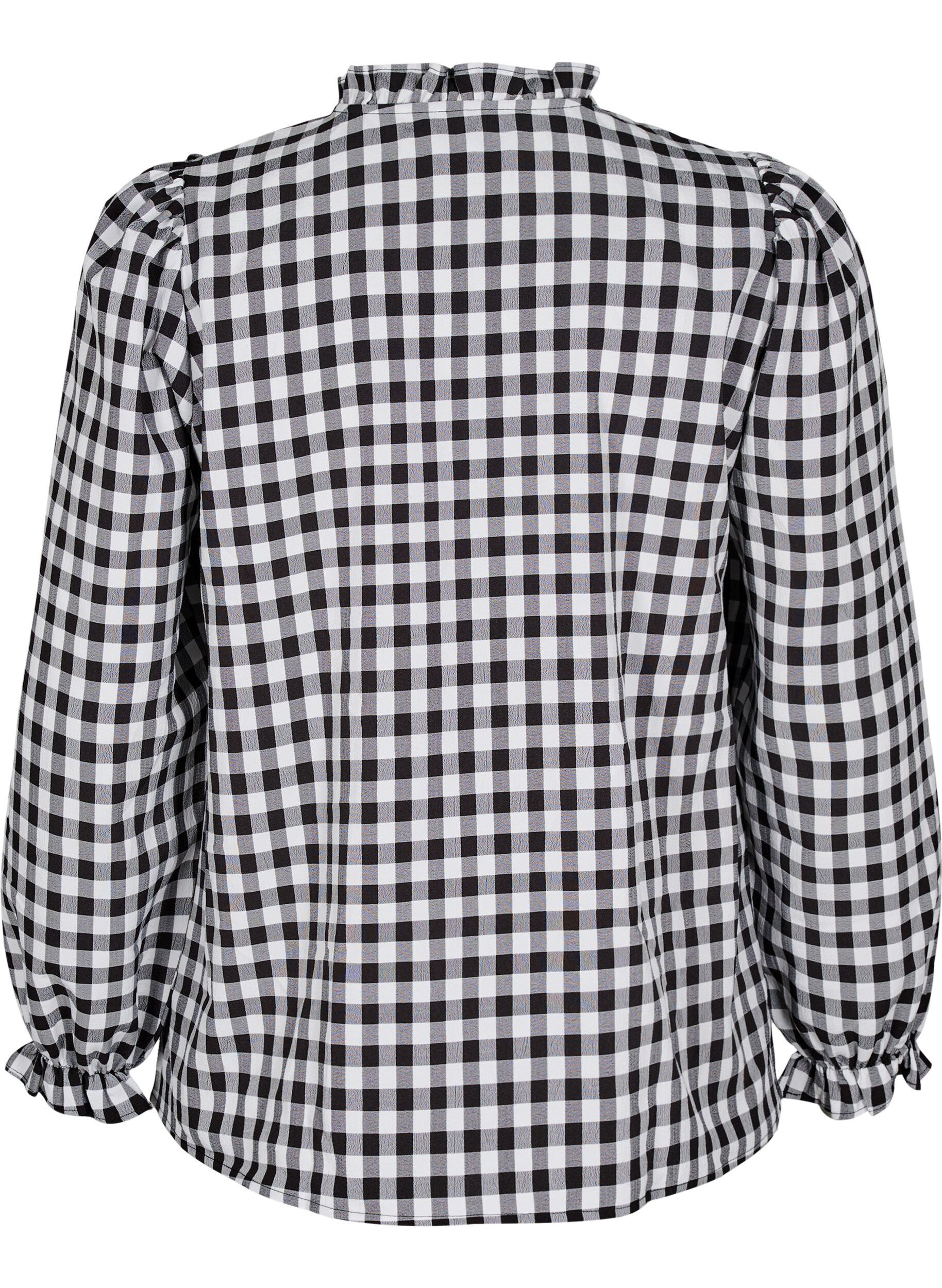 Zizzi Rutig skjortblus med volangdetaljer, Black/W. Gingham, Packshot image number 1
