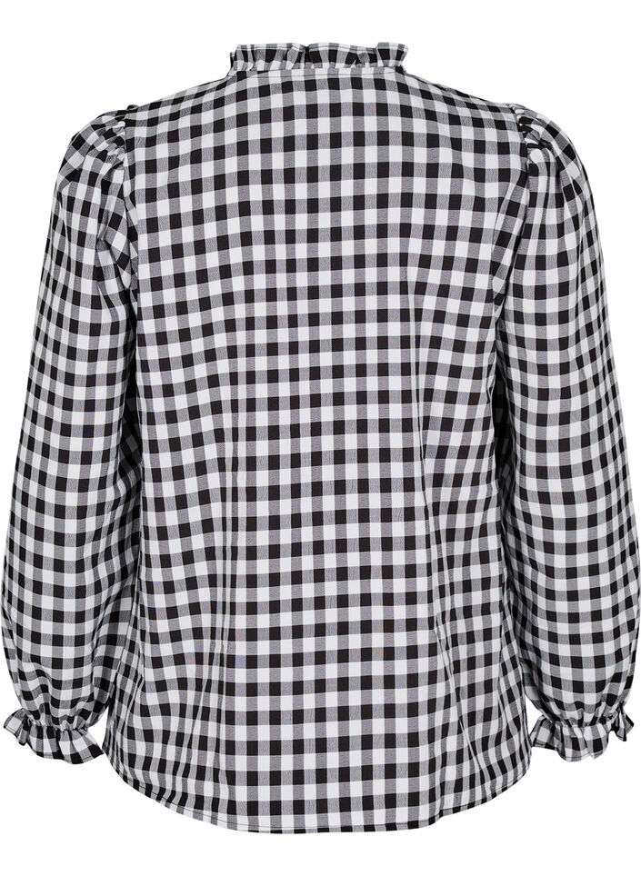 Rutig skjortblus med volangdetaljer, Black/W. Gingham, Packshot image number 1