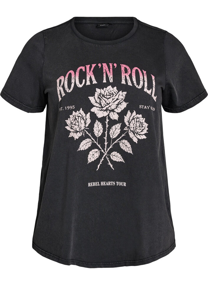T-shirt i ekologisk bomull med rocktryck, Svart, Packshot image number 0