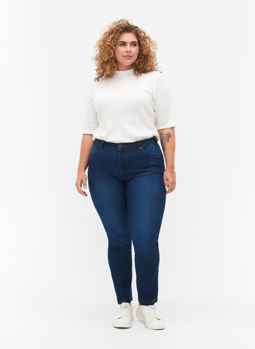 Slim fit Emily jeans med normalhög midja, Blue denim, Model image number 0