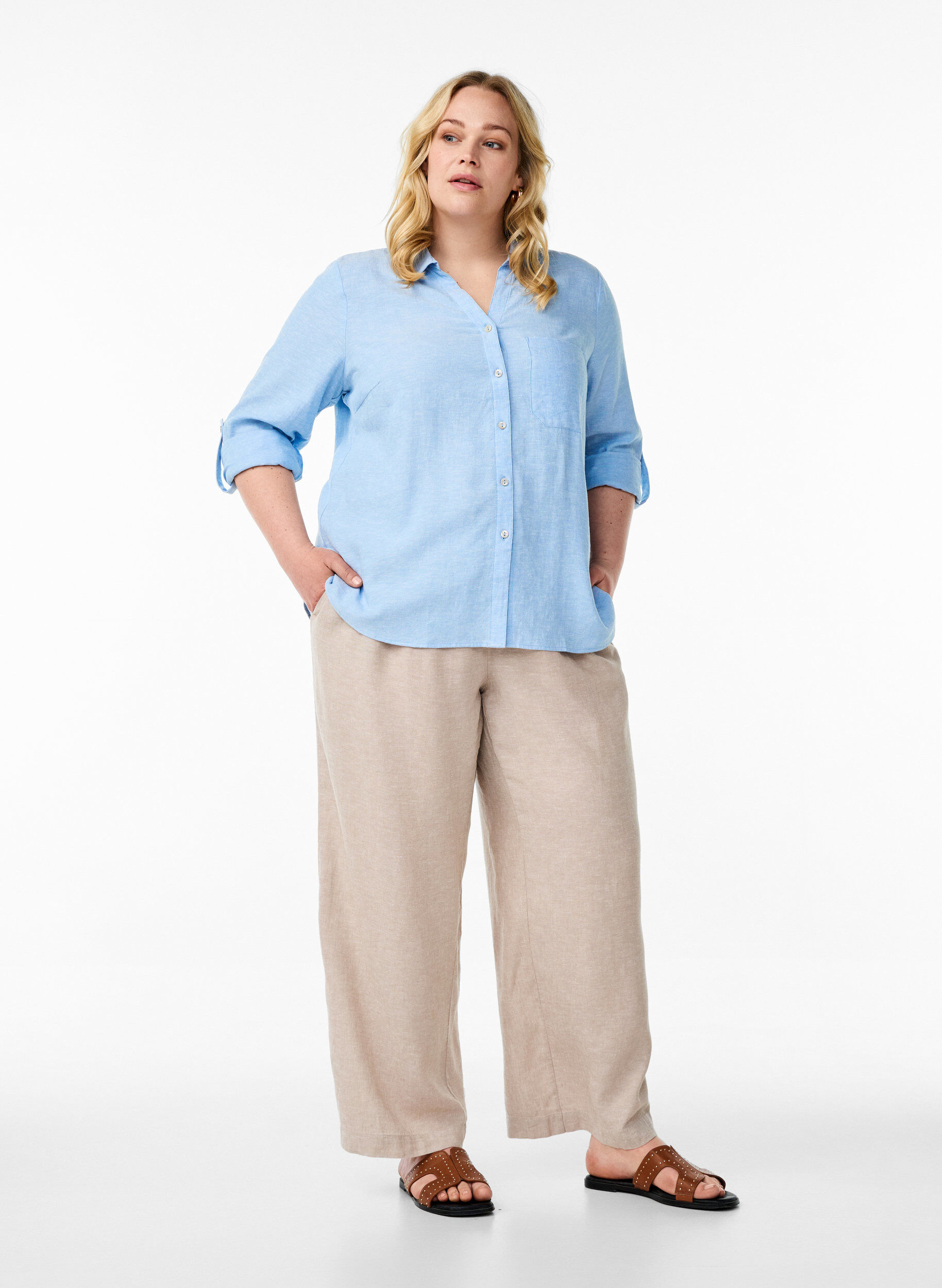 ZizziSkjorta i linne och viskos med 3/4-&auml;rmar, Bl&aring;, Model image number 1