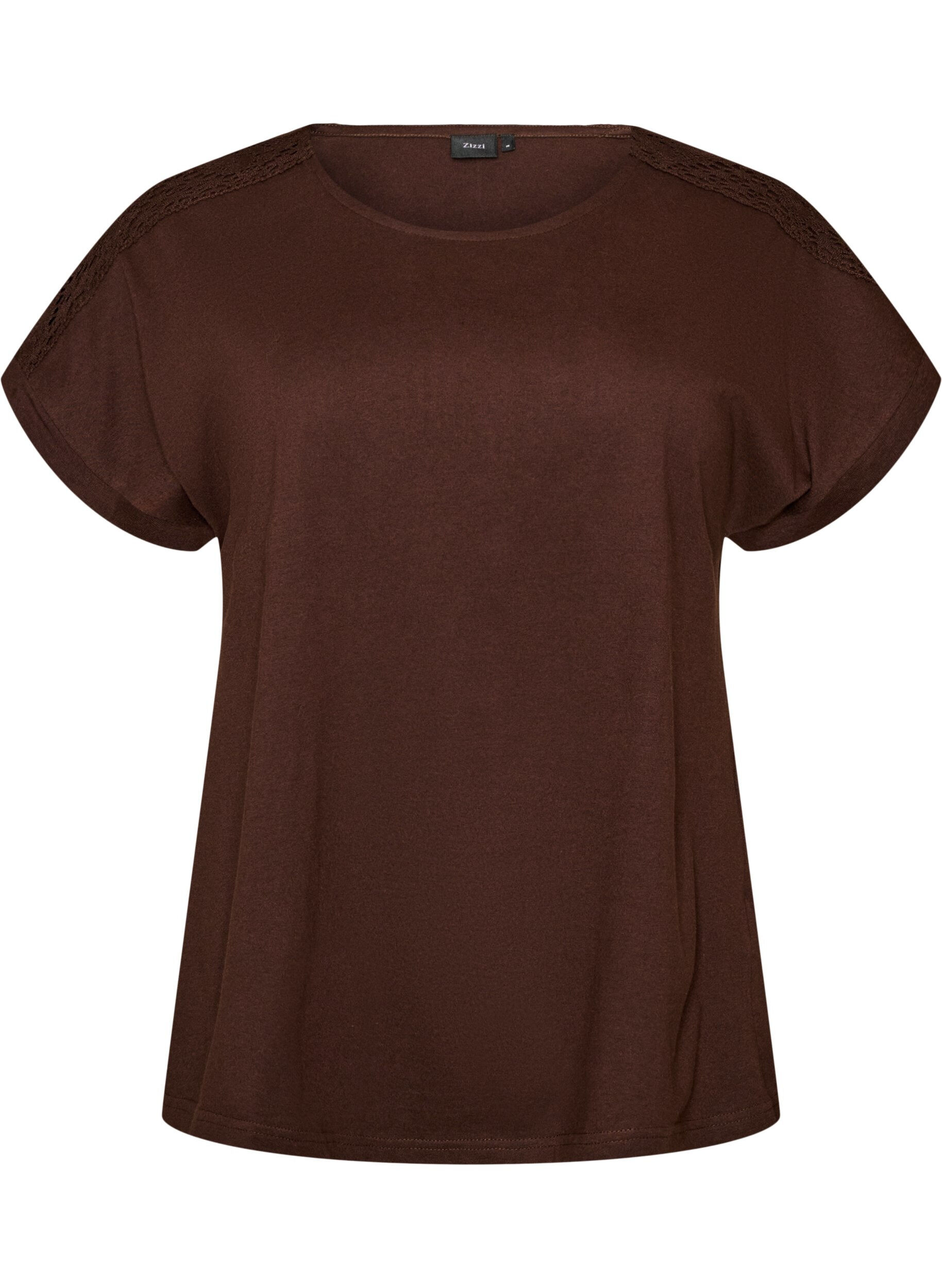 ZizziT-shirt i bomull med virkad detalj, Brun, Packshot image number 0