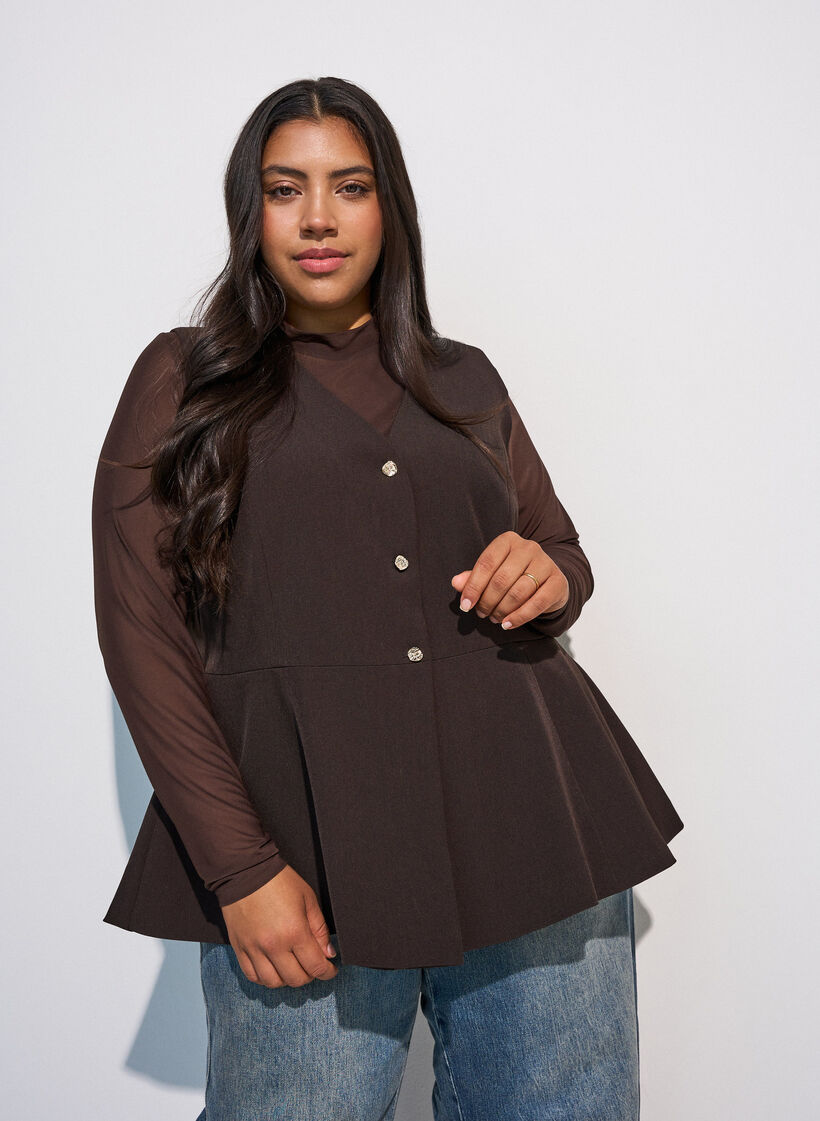 Figursydd blus i mesh med l&aring;nga &auml;rmar, Brun, Model image number 0