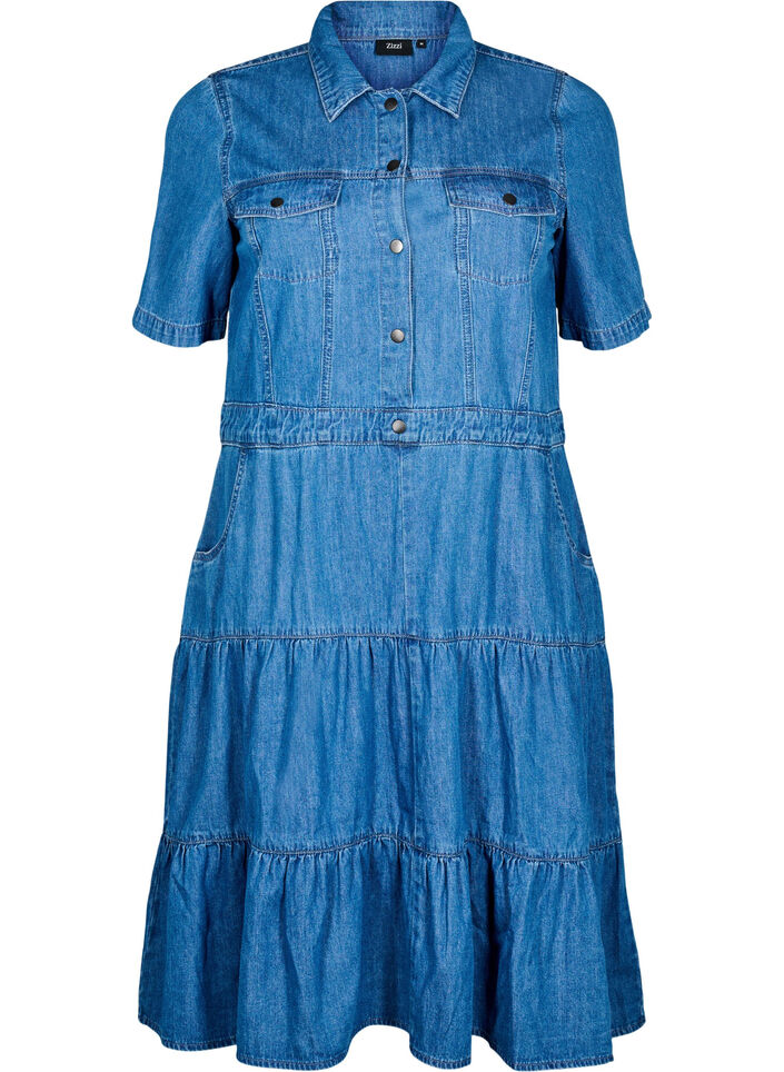 Jeanskjol i midil&auml;ngd med knappar och korta &auml;rmar, Bl&aring;, Packshot image number 0