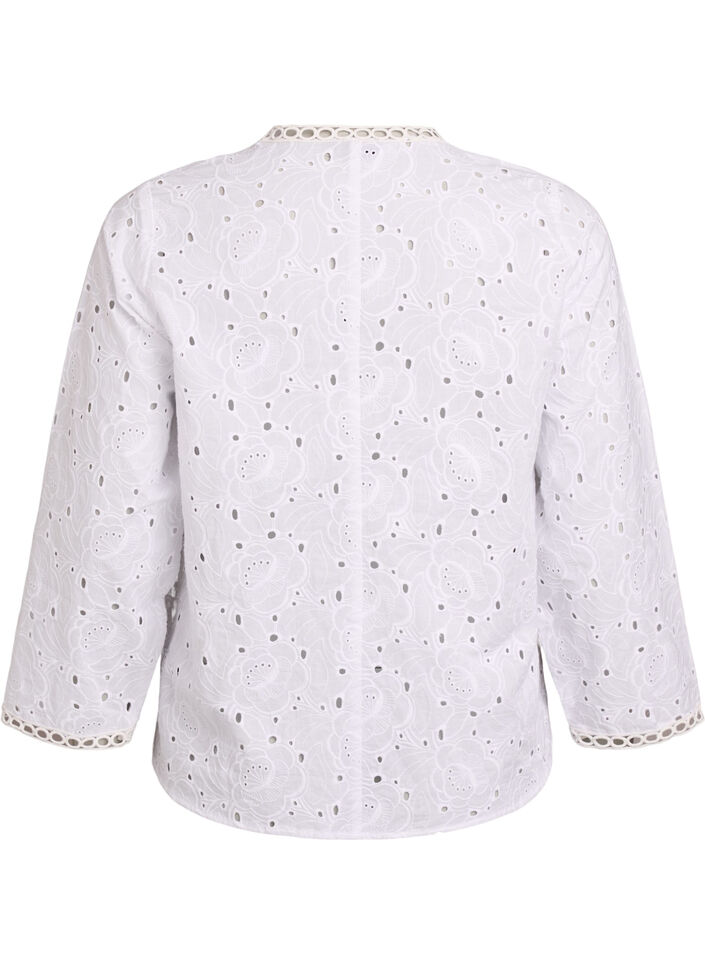 L&aring;ng&auml;rmad blus i bomull med broderie anglaise, Vit, Packshot image number 1
