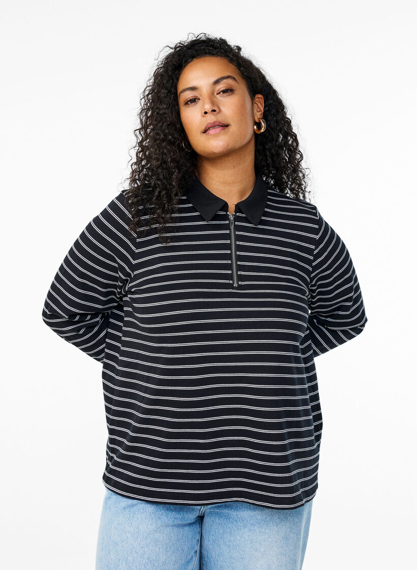 Randig pikétröja med dragkedja, Svart, Model image number 0