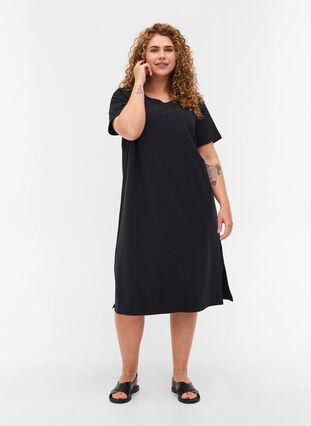 Kortärmad klänning i bomull med slits, Black, Model image number 2