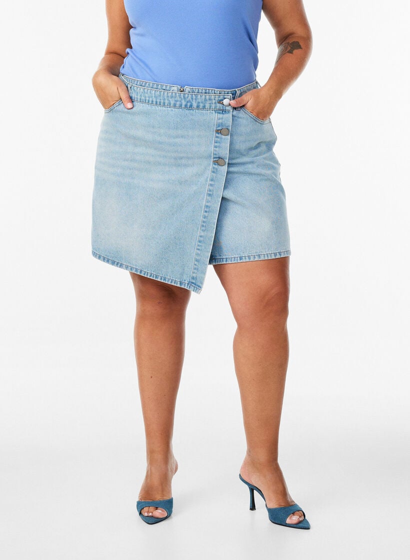 Denimskorts med omlotteffekt och h&ouml;g midja, Bl&aring;, Model image number 3