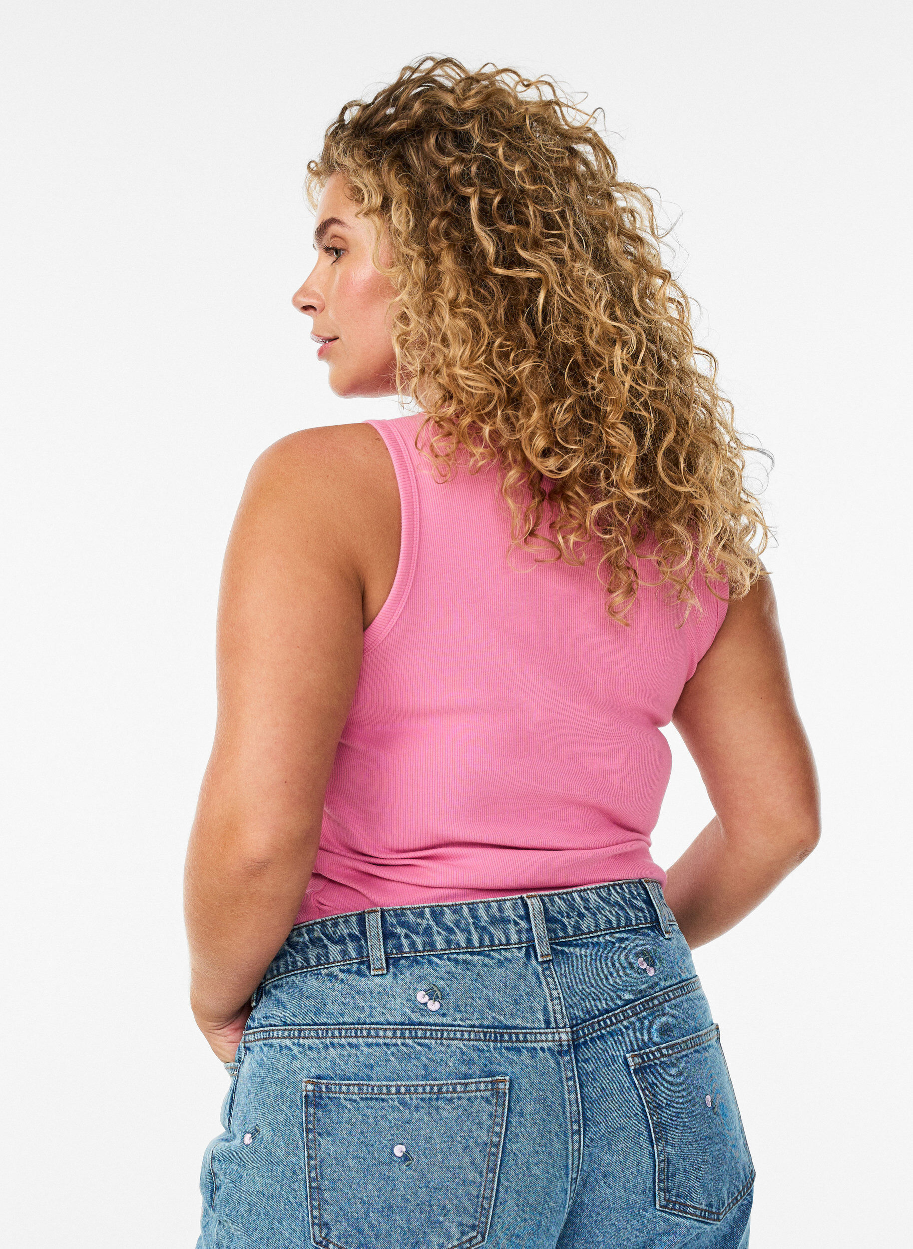 ZizziRibbad topp i bomull med h&ouml;g hals, Rosa, Model image number 2