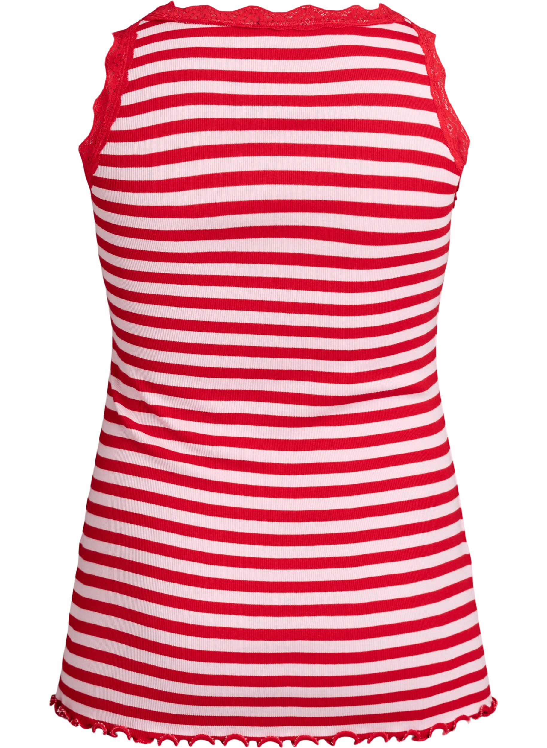 Zizzi Randig topp med ribbad textur och spetskant, Rosa, Packshot image number 1