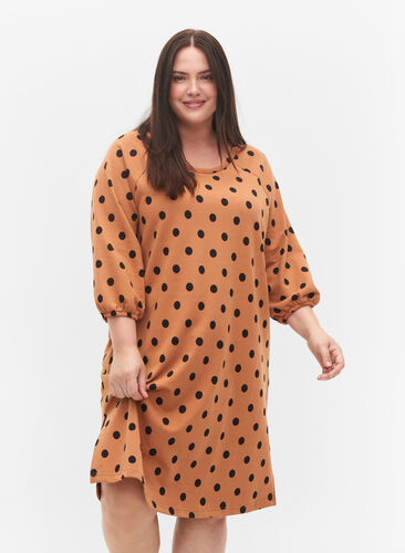 Prickig klänning med 3/4-ärmar, Almond Black Dot, Model image number 0
