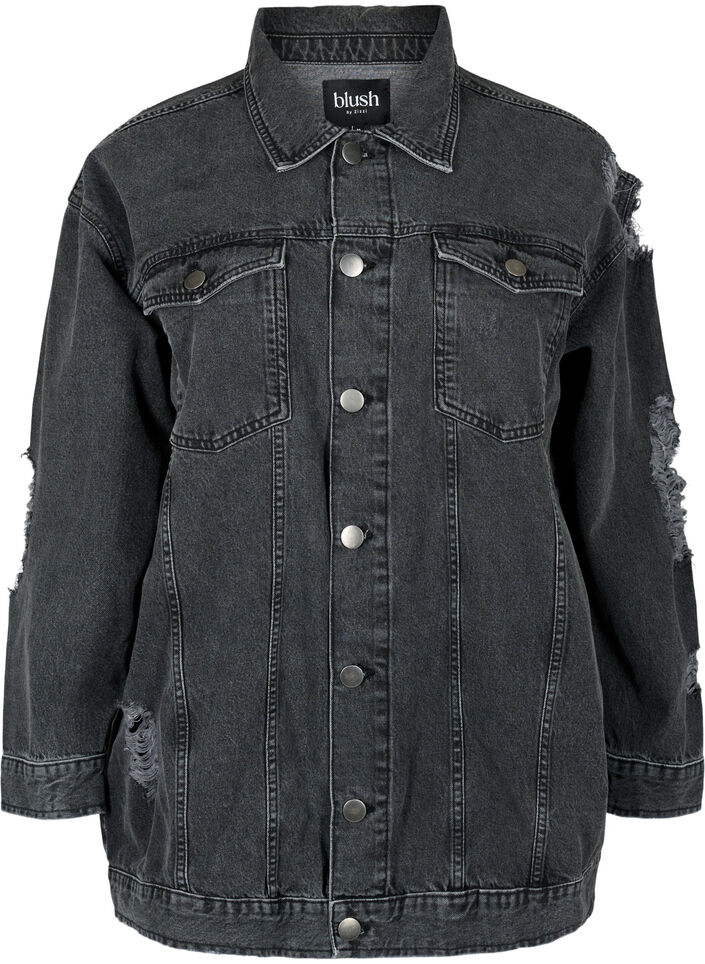 Löst sittande jeansjacka med slitdetaljer, Dark Grey Denim, Packshot image number 0