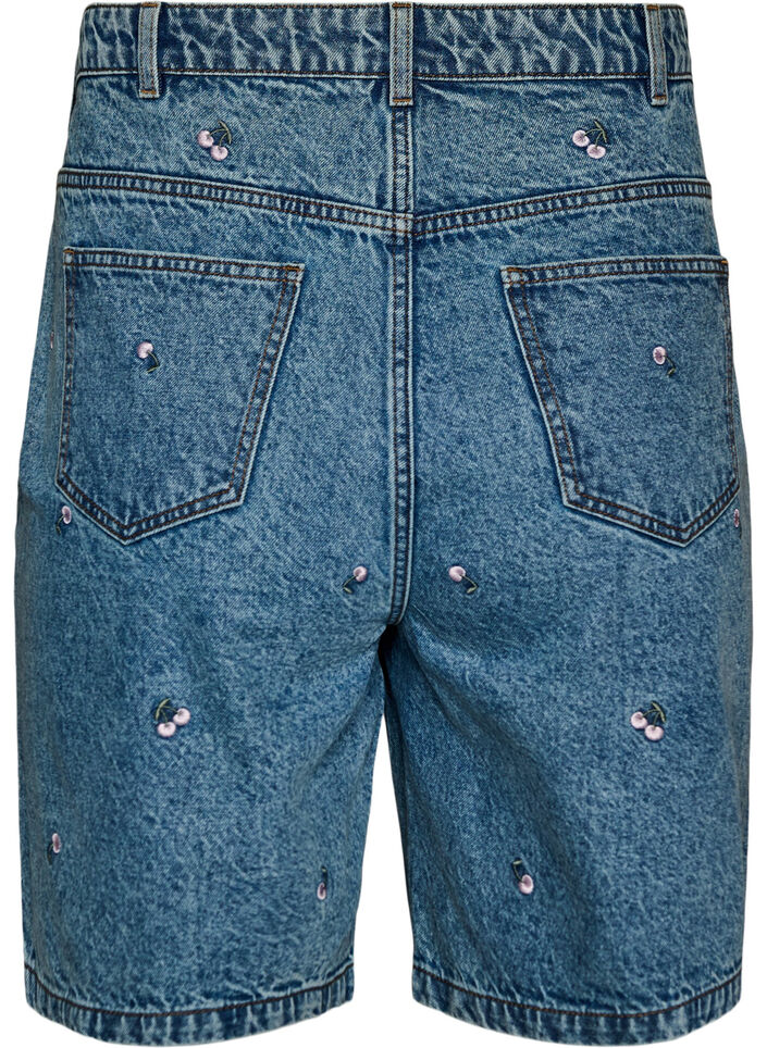 Jeansshorts med h&ouml;g midja och broderade motiv, Bl&aring;, Packshot image number 1