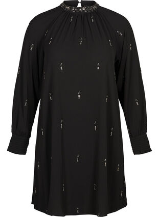 Långärmad klänning med pärlor och smock, Black, Packshot image number 0