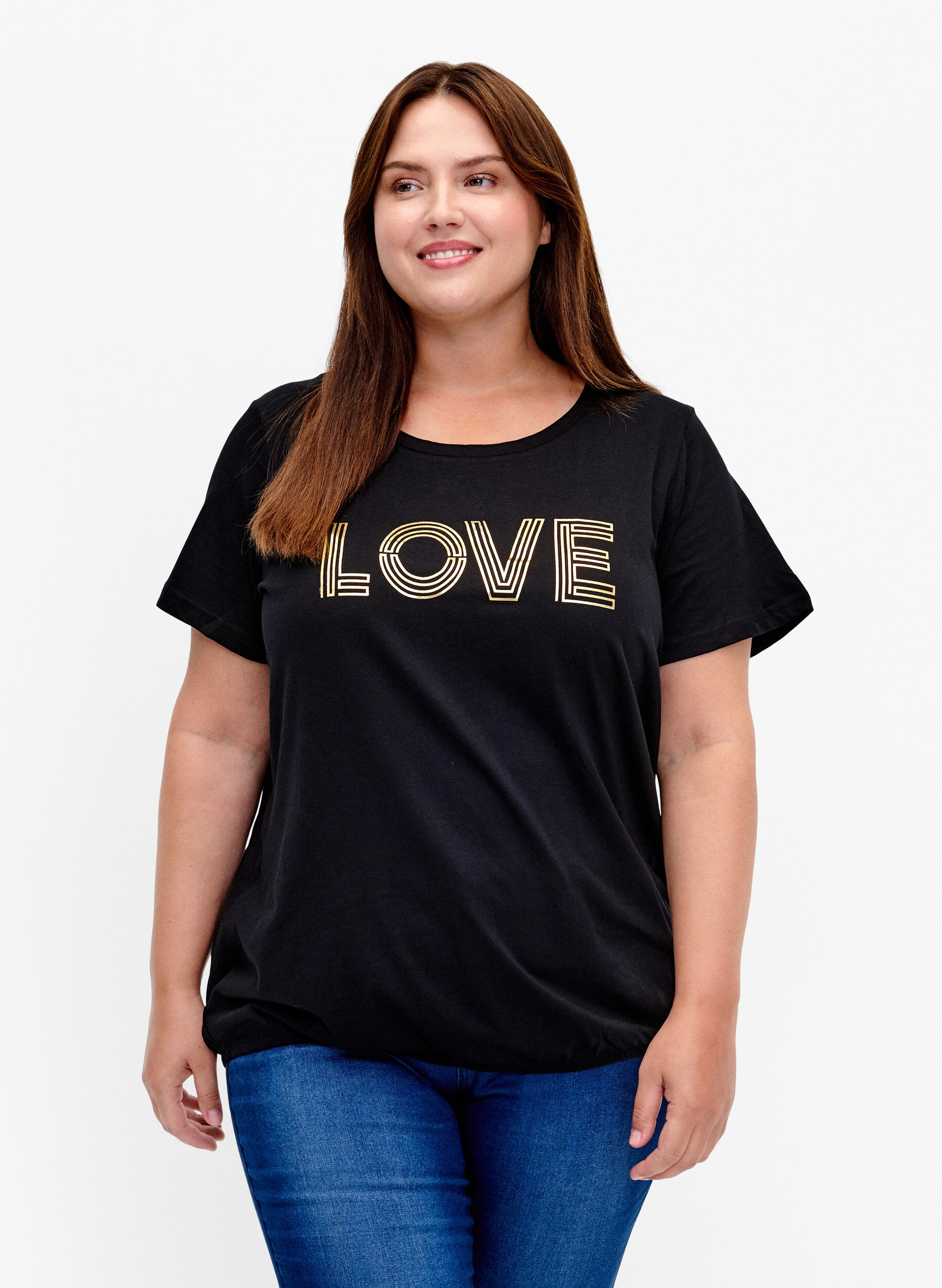 Zizzi Bomulls t-shirt med folietryck, Black W. Love, Model image number 0