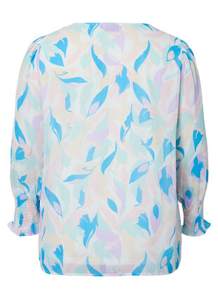 Blommig blus med långa ärmar och v-hals, White/Pastel Leaf, Packshot image number 1