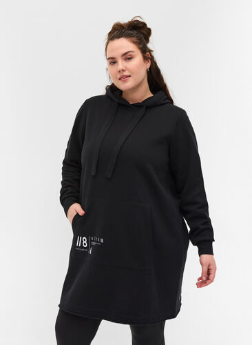 Sweatshirtklänning med huva och ficka, Black, Model image number 0