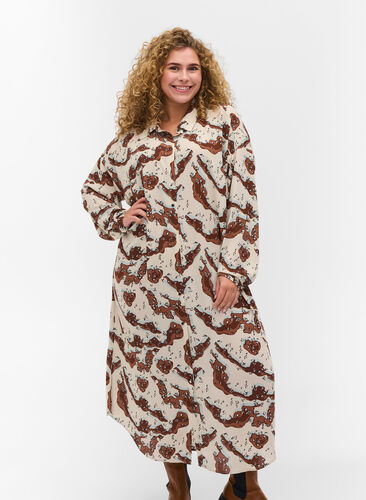 Mönstrad klänning med långa ärmar och knappar, Camouflage AOP, Model image number 0