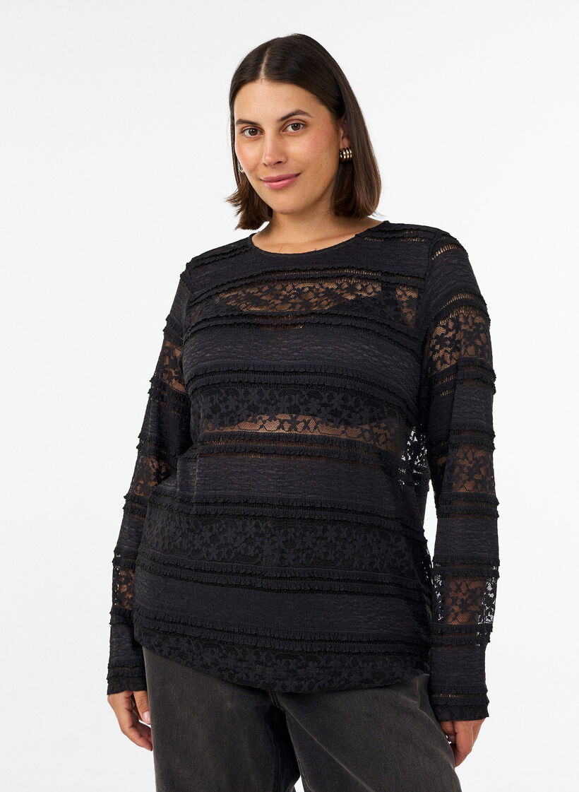 Blus i spets med l&aring;nga &auml;rmar, Svart, Model image number 0
