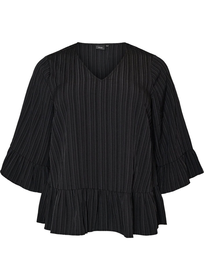 Blus med struktur, v-ringning och volanger, Svart, Packshot image number 0