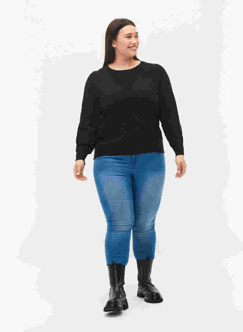 Enfärgad stickad tröja med ribbade detaljer, Black, Model image number 2