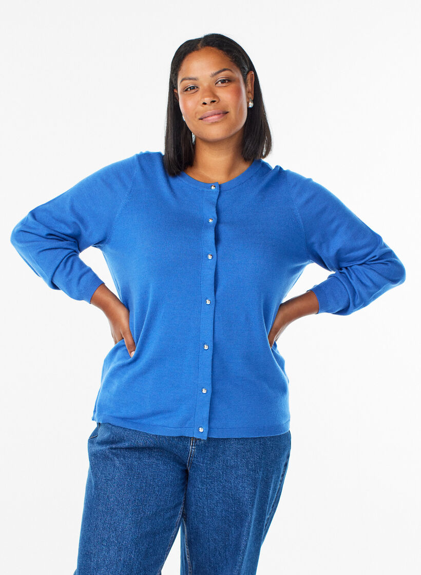 Cardigan med runda knappar, Bl&aring;, Model image number 0