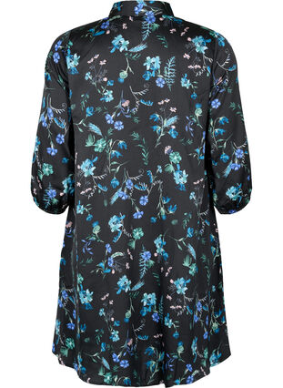 Skjortklänning med trekvartsärm och blommigt tryck, Blue Flower AOP, Packshot image number 1