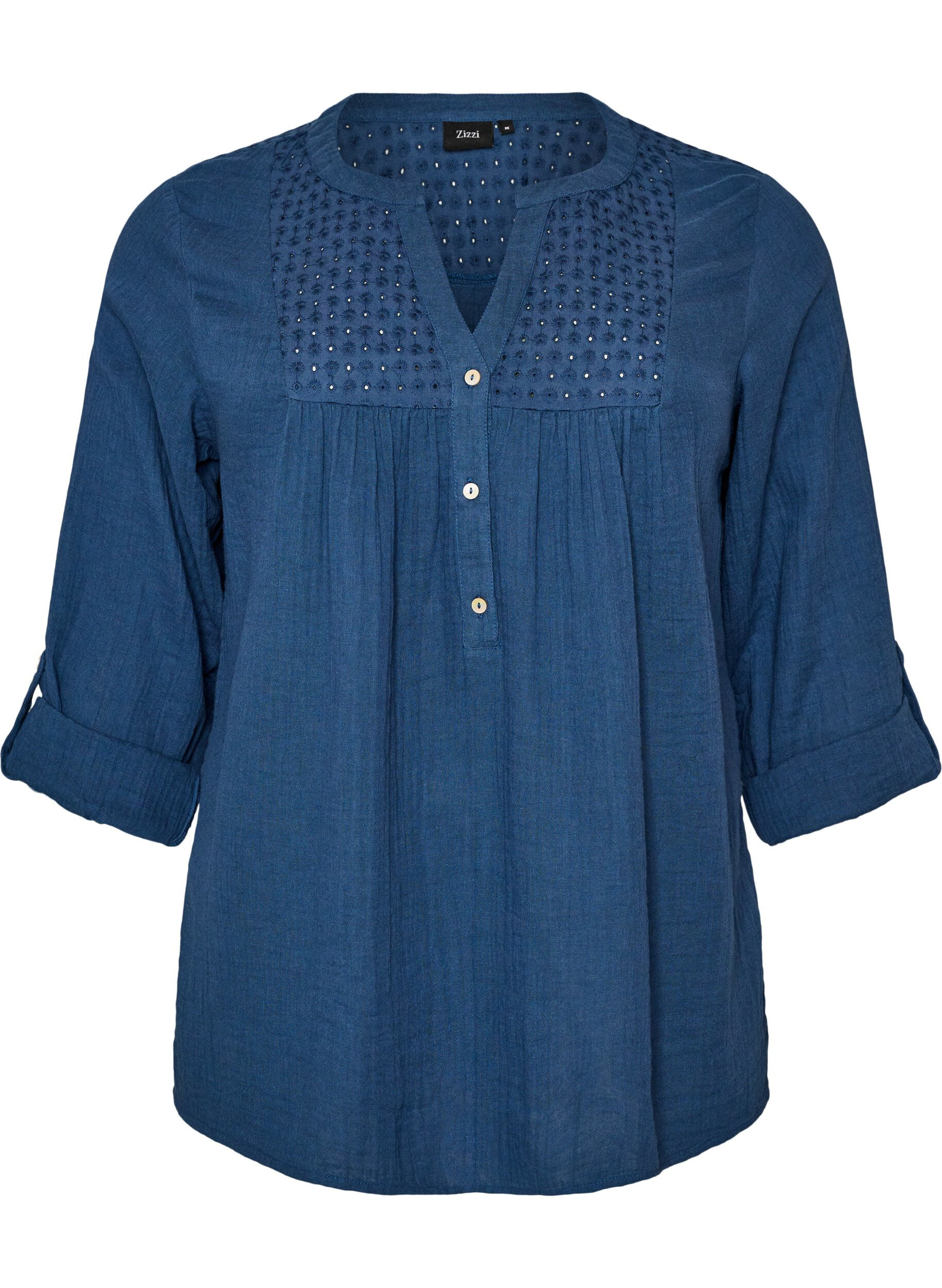 ZizziBlus i bomullsmuslin med broderie anglaise, Bl&aring;, Packshot image number 0