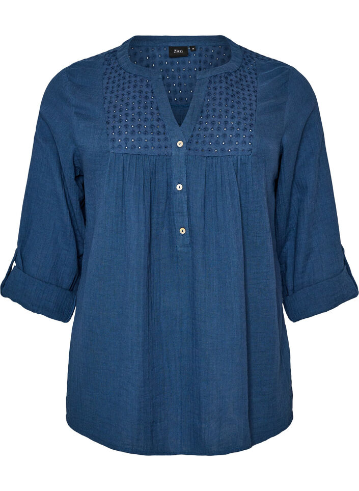 Blus i bomullsmuslin med broderie anglaise, Bl&aring;, Packshot image number 0