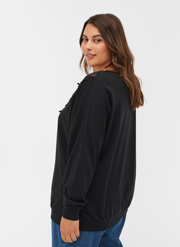 Enfärgad sweatshirt med spetsdetalj, Black, Model image number 1