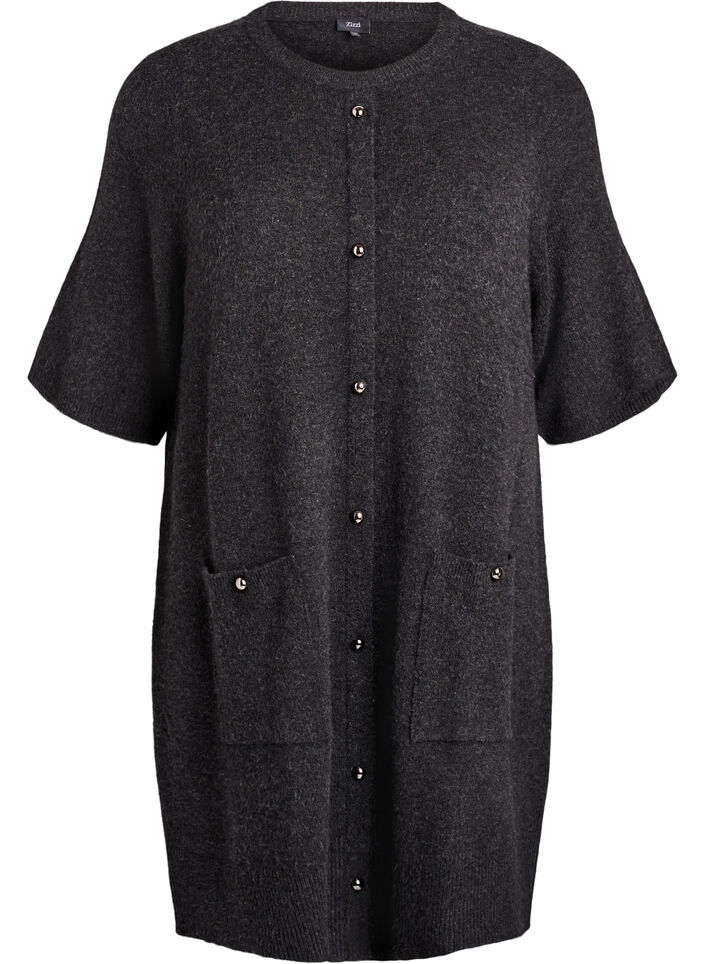 Kort stickad klänning med korta ärmar och klotknappar, Grå, Packshot image number 0