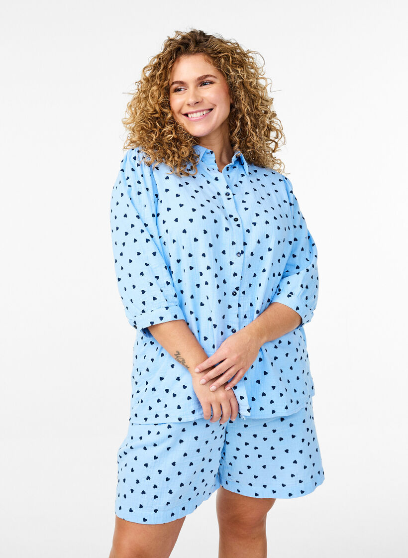 Shorts i bomullsmusselin med hjärtan, Blå, Model image number 0