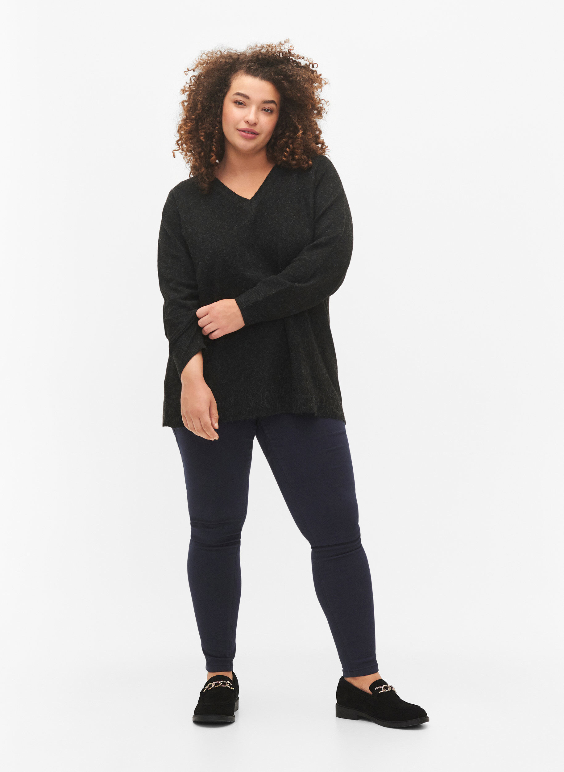 ZizziMelerad pullover med V-ringning, Dark Grey Melange, Model image number 2