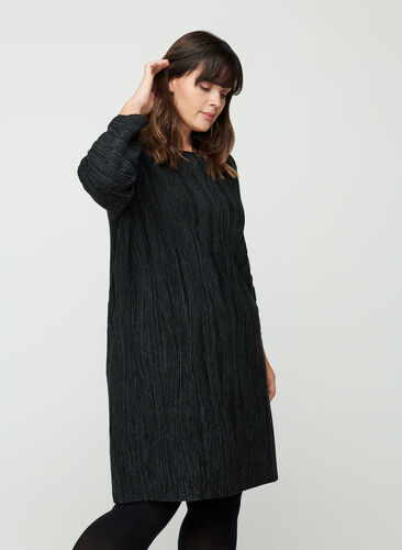 Stickad klänning med långa ärmar, Dark Grey Melange, Model image number 0