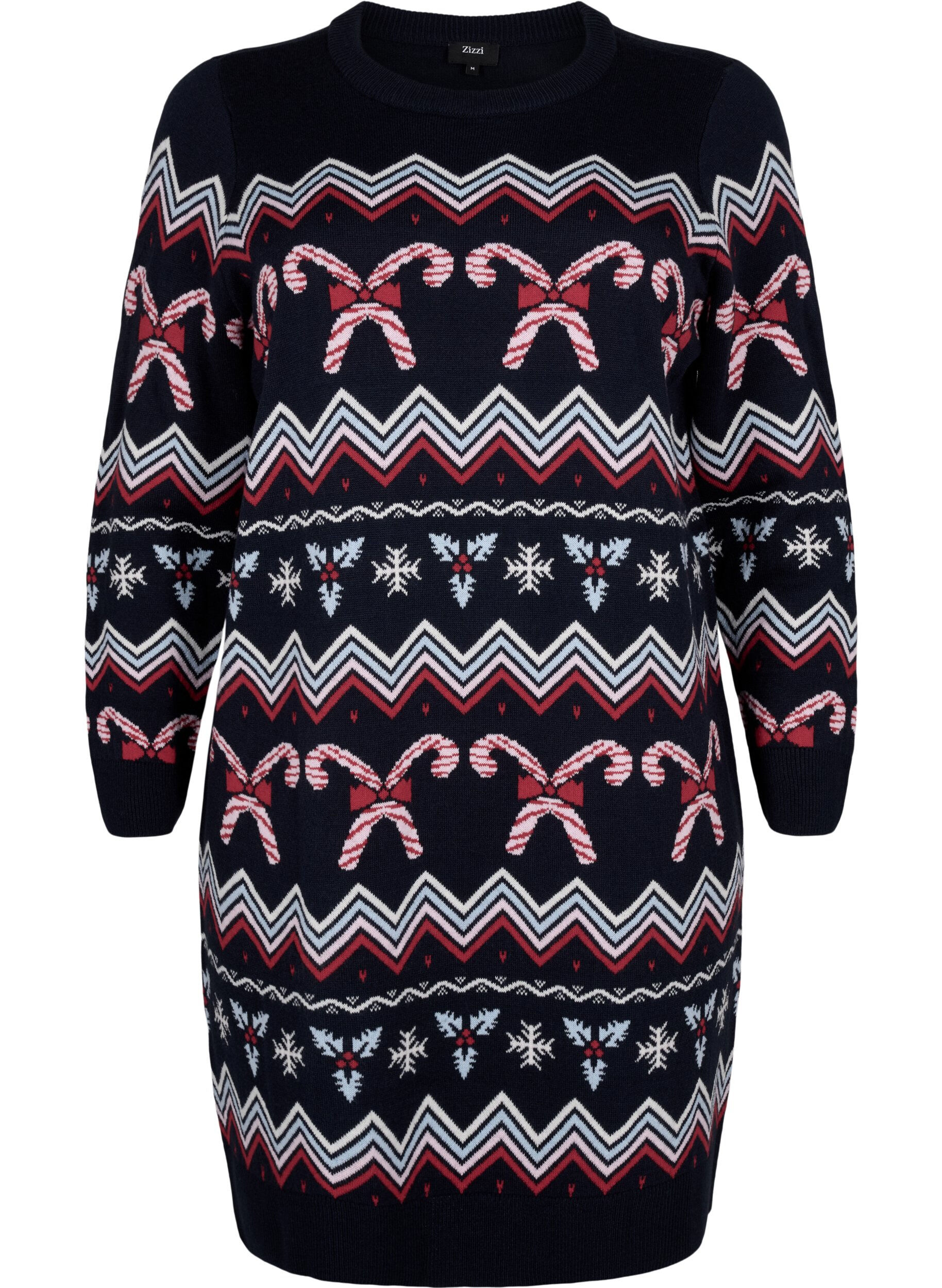 Zizzi Stickad kl&auml;nning med julmotiv och l&aring;nga &auml;rmar, Navy Blazer Comb, Packshot image number 0