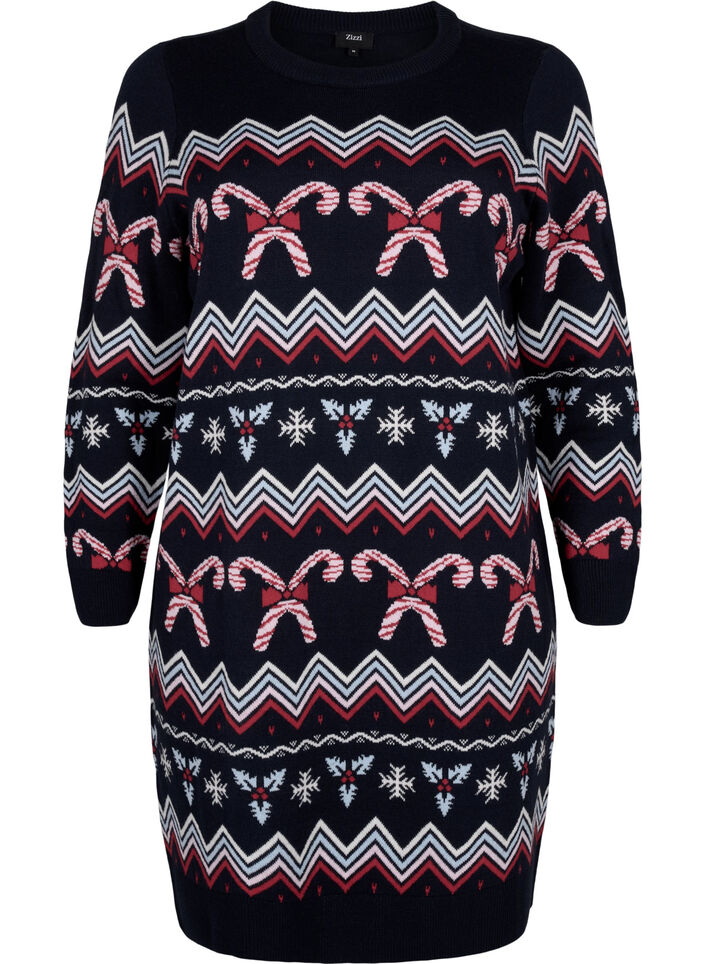 Stickad klänning med julmotiv och långa ärmar, Navy Blazer Comb, Packshot image number 0