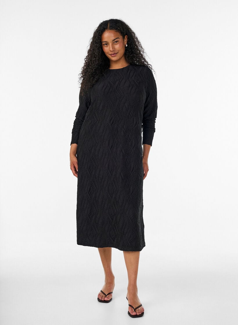 Midikl&auml;nning med v&aring;gig struktur och l&aring;nga &auml;rmar, Svart, Model image number 0