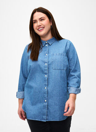 Långärmad jeansskjorta med bröstficka, Light Blue Denim, Model image number 0