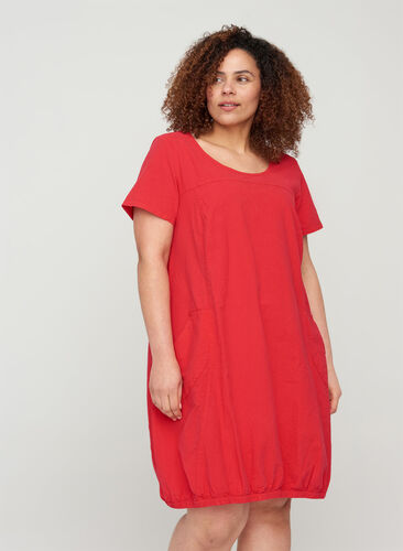 Kortärmad klänning i bomull, Lipstick Red, Model image number 0