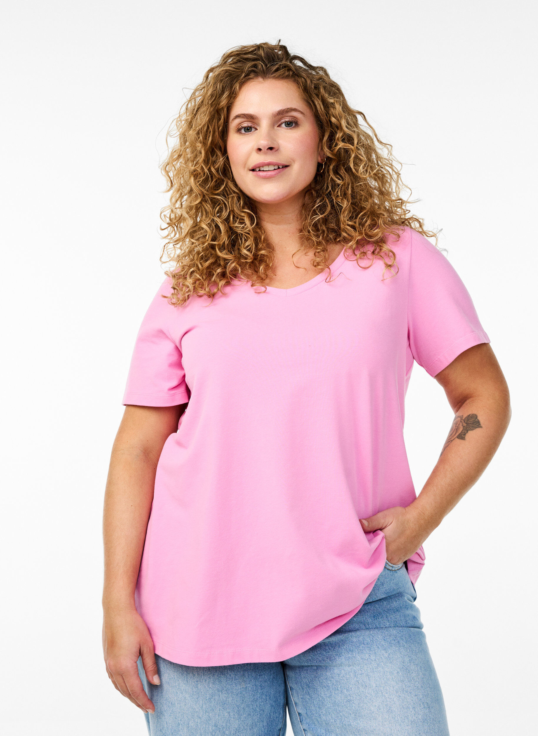 Zizzi Enf&auml;rgad t-shirt i bomull, Rosa, Model image number 0