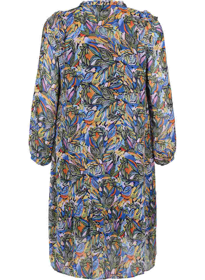 Färgglad midiklänning med smock och långa ärmar, Vibrant Leaf, Packshot image number 1