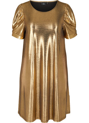 Klänning med korta puffärmar och a-form, Gold, Packshot image number 0