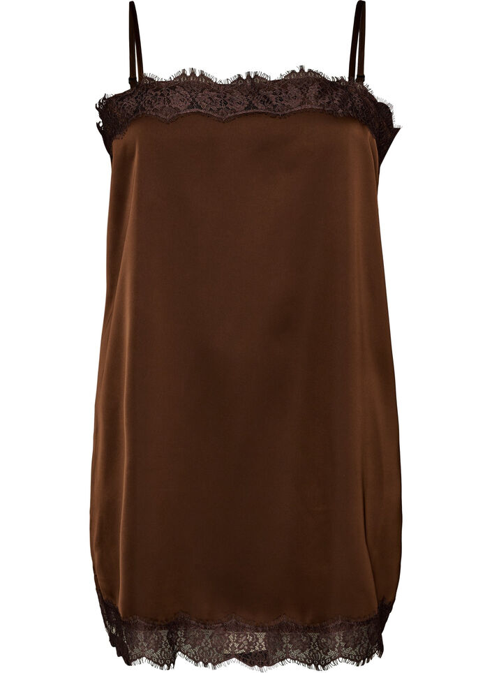 L&aring;ng topp i satin med spetskanter, Brun, Packshot image number 0