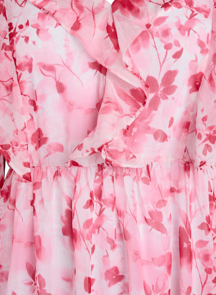 Blommig kl&auml;nning i chiffong med volanger och l&aring;nga &auml;rmar, Rosa, Packshot image number 2