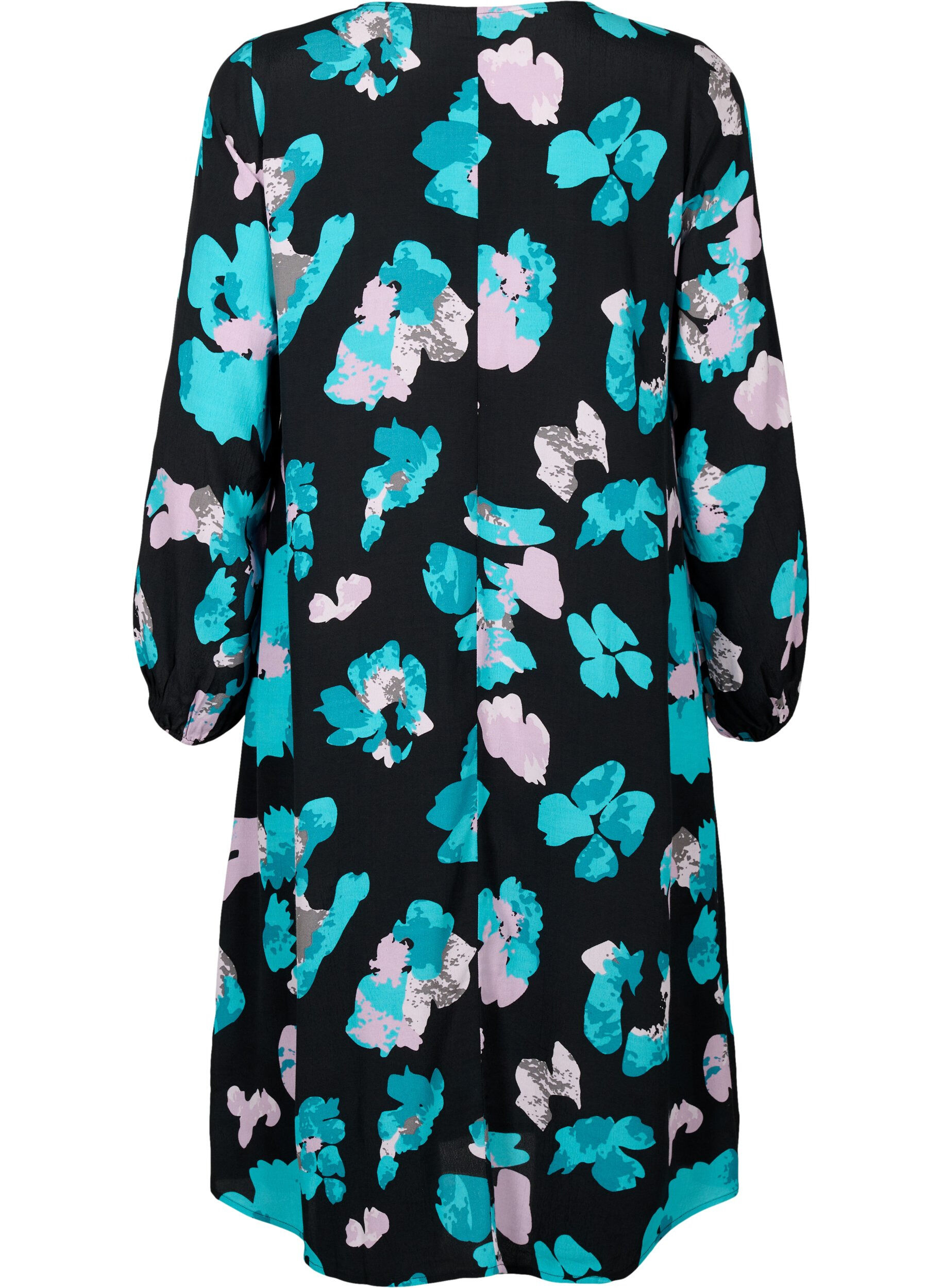 Zizzi L&aring;ng&auml;rmad viskos kl&auml;nning med tryck, Blue AOP, Packshot image number 1