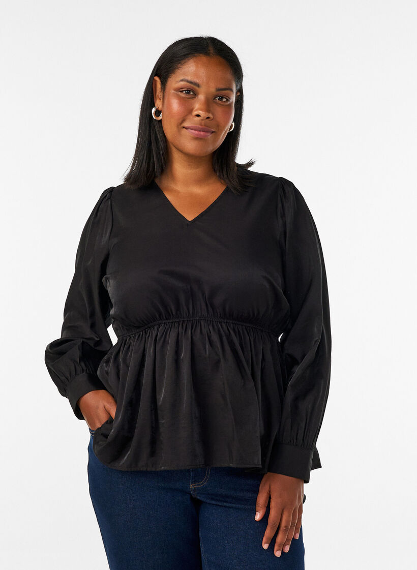 Glansig blus i viskos med peplumeffekt, Svart, Model image number 0