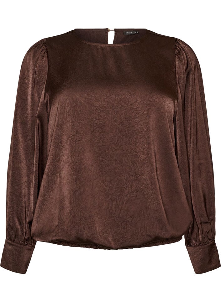 Blus i satinlook med ballongform, Brun, Packshot image number 0