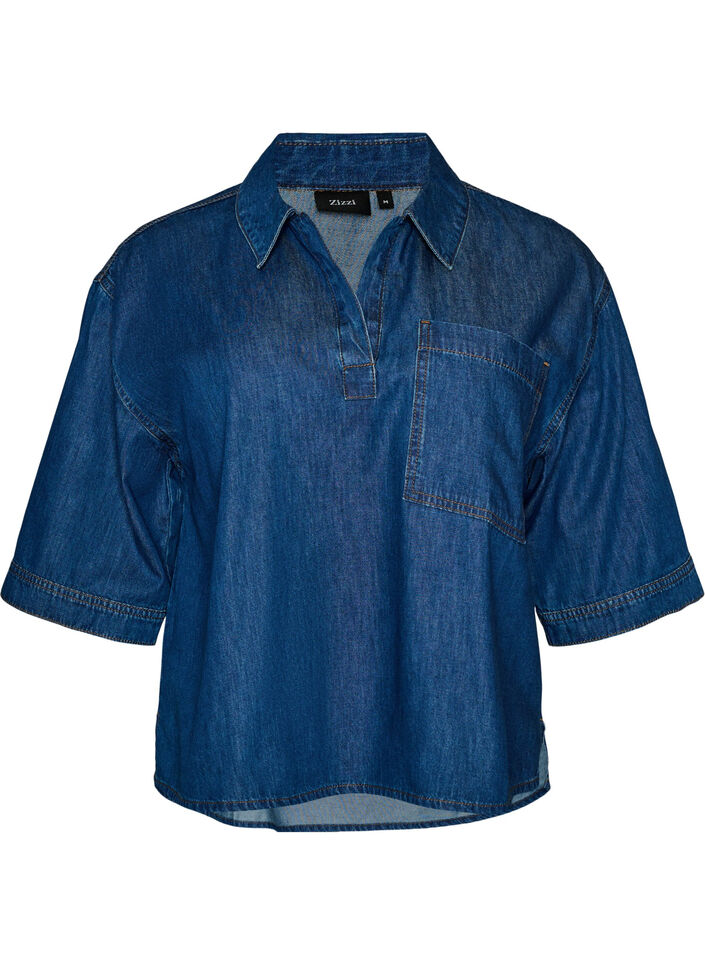 Denimblus med en br&ouml;stficka och armb&aring;gsl&aring;nga &auml;rmar, Bl&aring;, Packshot image number 0